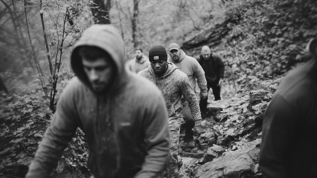 Men climbing a hill in sweatshirts and athletic clothing
