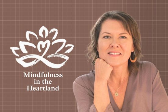Portrait of Amy Zoe Schonhoff, founder of Mindfulness in the Heartland, alongside the organization’s lotus logo.